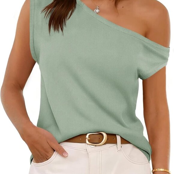 Women Women's Off Shoulder Tops Summer Ribbed Knit Tank Green M Casual - Picture 1 of 6